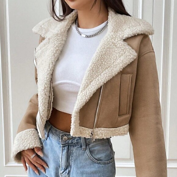 Boho Faux Teddy Lined Zip Up Moto Cropped Jacket Khaki - Picture 7 of 7